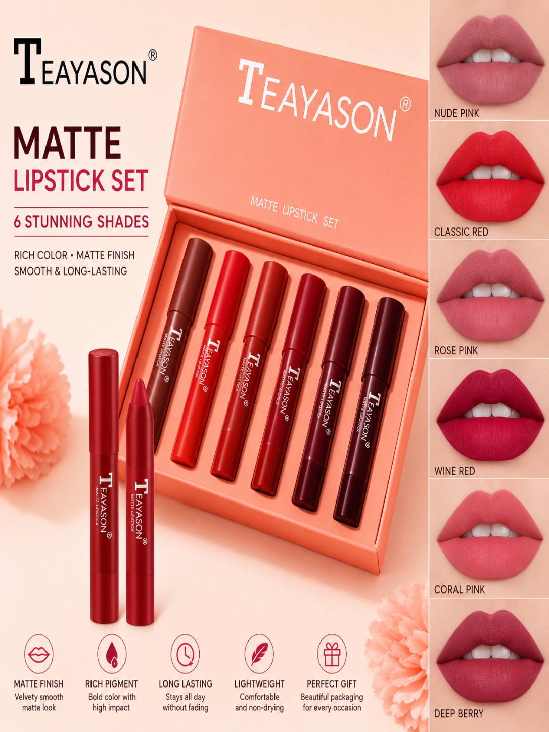 TEAYASON Matte Lipstick Set (6 Shades)