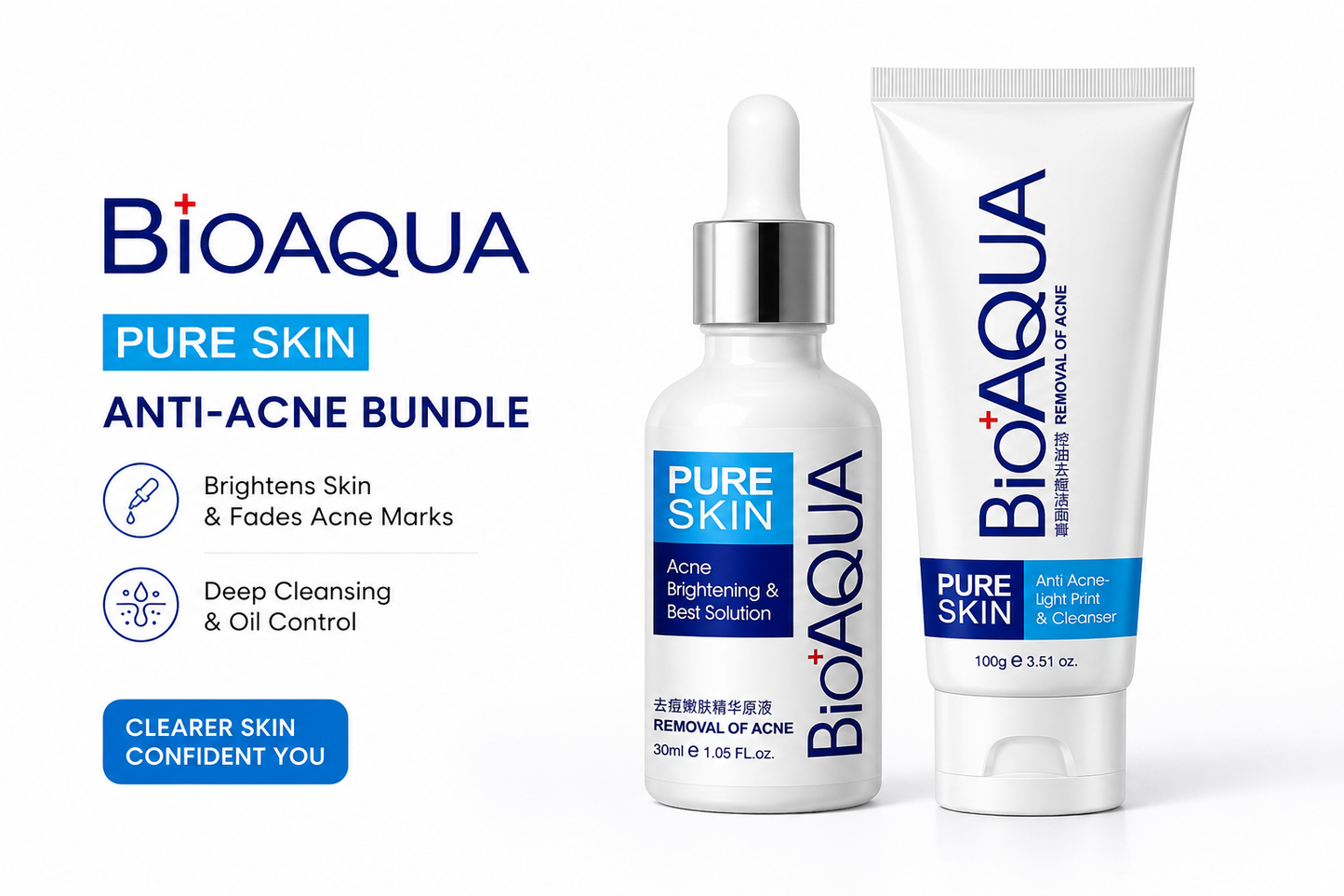 Bioaqua Pure Skin Anti-Acne Bundle Bioaqua Pure Skin Anti-Acne Cleanser (100g) Bioaqua Pure Skin Acne Brightening Serum (30ml)